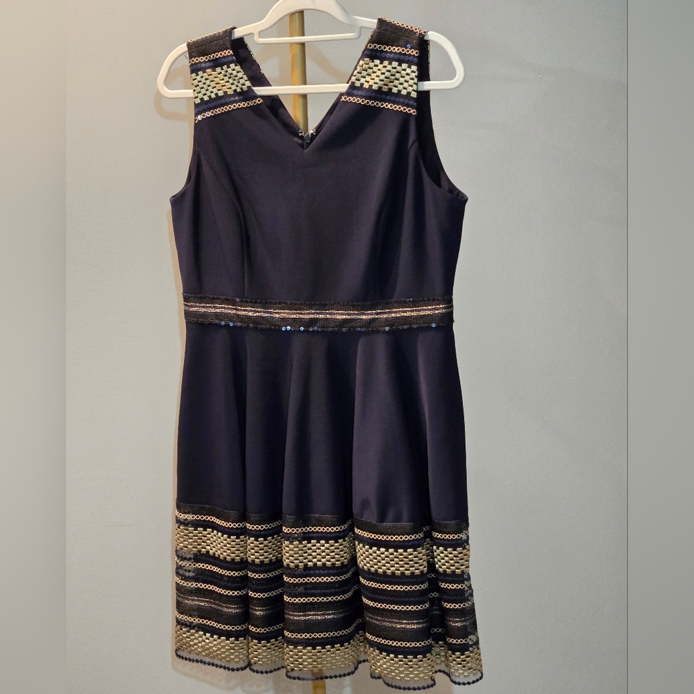 Tahari Navy Blue and Gold Midi Dress